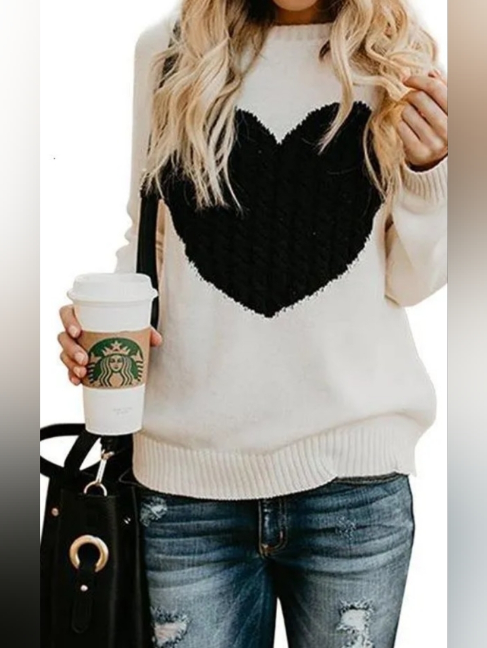 Cream Sweater with Black Heart Graphic